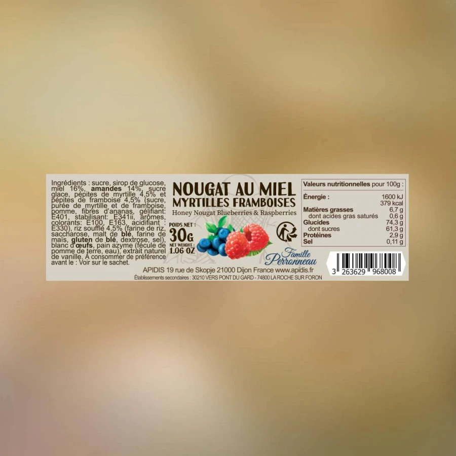 Nougat myrtille framboise au miel 30g